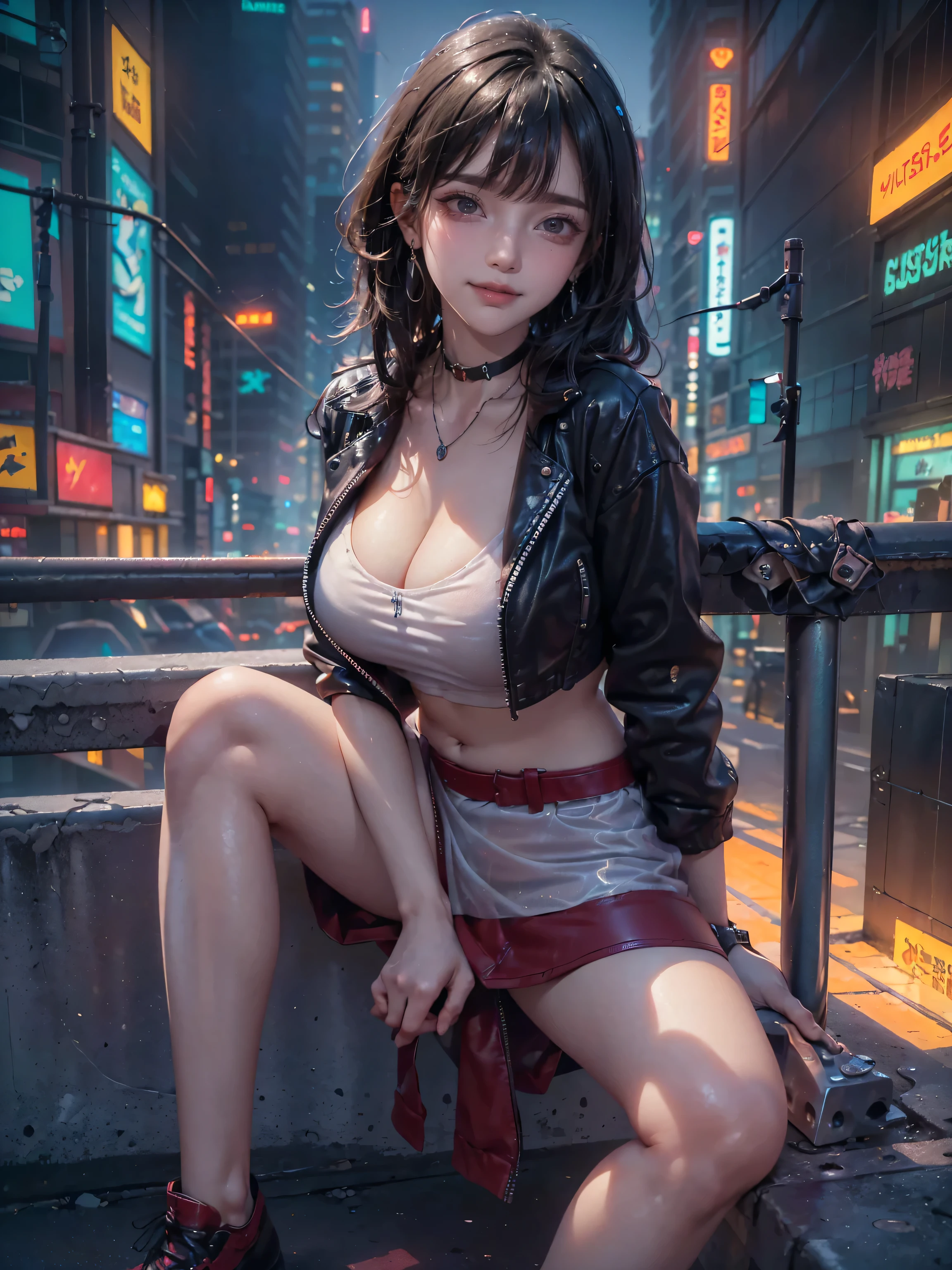((16K)),((masterpiece:1.3)), ((Highest quality)), ((Ultra-high resolution)), (Very detailed), (Realistic, photoRealistic:1.4), Perfect lighting,((Side light)), Written boundary depth, Surrealism,photo shoot, No makeup, Film Grain, chromatic aberration, Sharp focus, Face Light,((Beautiful detailsまでこだわった髪)),((Beautiful eyelashes)), Beautifully detailed face, Beautiful details, Beautiful clavicle, Beautiful body, Thin legs,Beautiful breasts, Pointed Chest,Beautiful legs, ((Detailed and carefully drawn hand)), Cleavage, Perfect Anatomy, Supermodel with a long neck,((Skinny1.3)),23 years old,Looking into the camera,(Perfect Anatomy,Anatomically correct, Very detailed肌), Glowing Skin,((beautiful girl:1.1)),(( large breasts :1.5)),((Two Side Up Hairstyle)),((Long Hair:1.4, Wavy Hair:1.2, Black Hair) ,((See-through bangs:1.2)),Dainty facial structure,((Captivating smile:1.3)),((leaning on rail:1.2)),(her legs spread in M legs:1.2), ((spread legs:1.2)),((from side)),((wearing (red)Leather jacket )),((Crop top: 1.1)),Skirt,tie,choker,earrings, Necklace, ((I have a guitar:1.4)),((Guitar playing:1.1)),background((Background of a colorful cyberpunk Tokyo street at night. The scene features futuristic skyscrapers illuminated by neon lights and holographic advertisements. Flying vehicles zip through the sky, while people in cyberpunk fashion walk the streets below. The walls of the buildings are adorned with giant digital screens displaying vibrant ads and animations. The ground is embedded with colorful LED lights, creating an ethereal and otherworldly atmosphere throughout the city)),wide shot