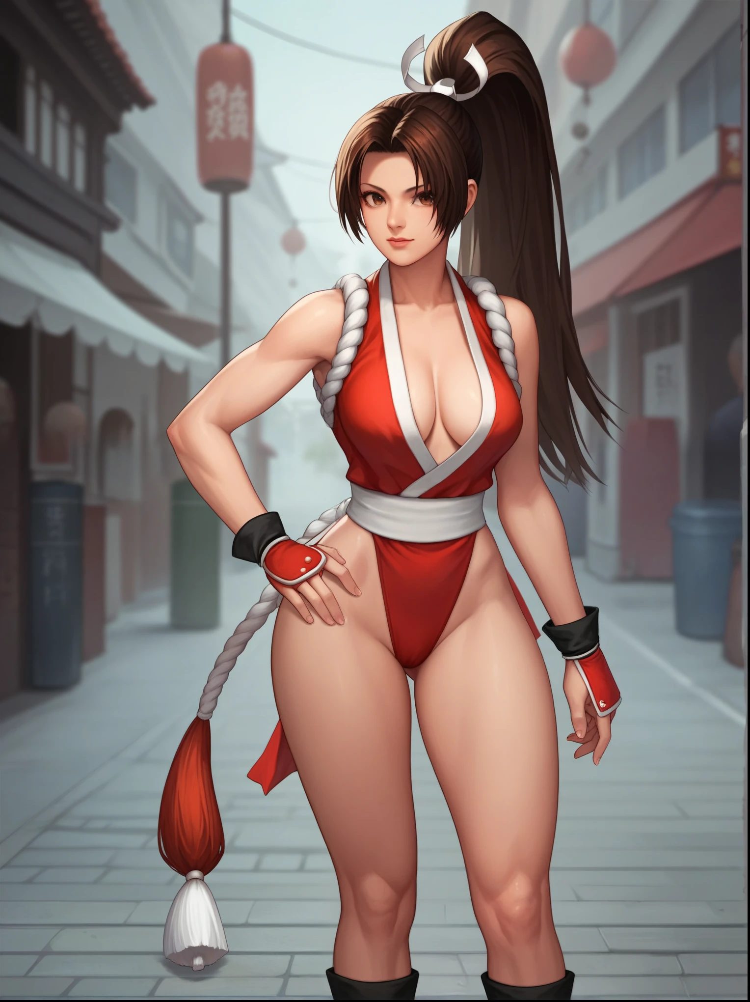 Mai Shiranui, (The King of Fighters), sexy girl, poderosa, traje sexy de artes marciales color rojo, YOUNG, skynny body, small and beautiful buttocks, toned abdomen, beautiful breasts, obscene, sensual, esta en el dojo de artes marciales de Japón, dramatic background, riene abanicos en sus manos, esta rodeada de fuego, partículas de fuego la rodean, energia ardiente, ella esta dando una patada al aire, ella esta entrenando karate, sensual look, beautiful brown eyes, classic hairstyle,Hair dyed in bright brown color, best quality,4k,8k,A high resolution,masterpiece,ultra detailed,Realistic, Photorealistic,photo realistic