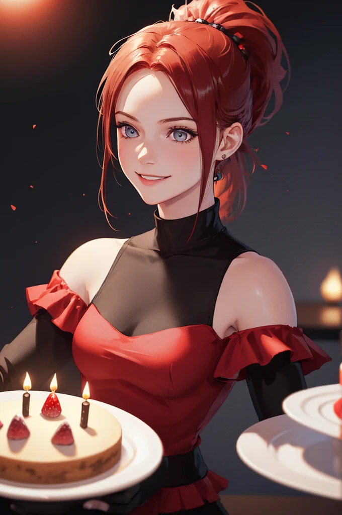girl , 1solo, ponytail hairstyle ,Auburn-red-hair, smile ,happy,digital painting, dramatic lighting, ultra realistic, smooth, soft 8k, art , blur backgrond, wearing black shirt, hold birthday cake ,black background , bokeh, happy birthday , cake, birthday , look at view, strawberry cake