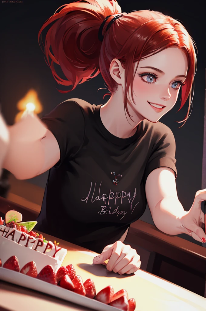 girl , 1solo, ponytail hairstyle ,Auburn-red-hair, smile ,happy,digital painting, dramatic lighting, ultra realistic, smooth, soft 8k, art , blur backgrond, wearing black shirt, hold birthday cake ,black background , bokeh, happy birthday , cake, birthday , look at view, strawberry cake 