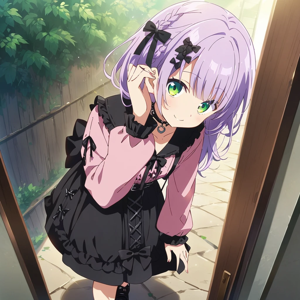 A girl, cute, kawaii, masterpiece, detailed description, detailed line drawing, (a girl with closs hair pin, A girl has her fingers on the door, sticking her head out and looking at viewer. Light purple hair, smiling face, green eyes. closs hair pin, pink shirt, cosplay, jirai kei, bangs, black skirt, black bow, looking at viewer, bow, long sleeves, choker, ribbon:1.4), anime visual, (tilt head:1.3),, black lace parasol, abundant greenery roadside tree, from the side, looking at the viewer, full body shot,