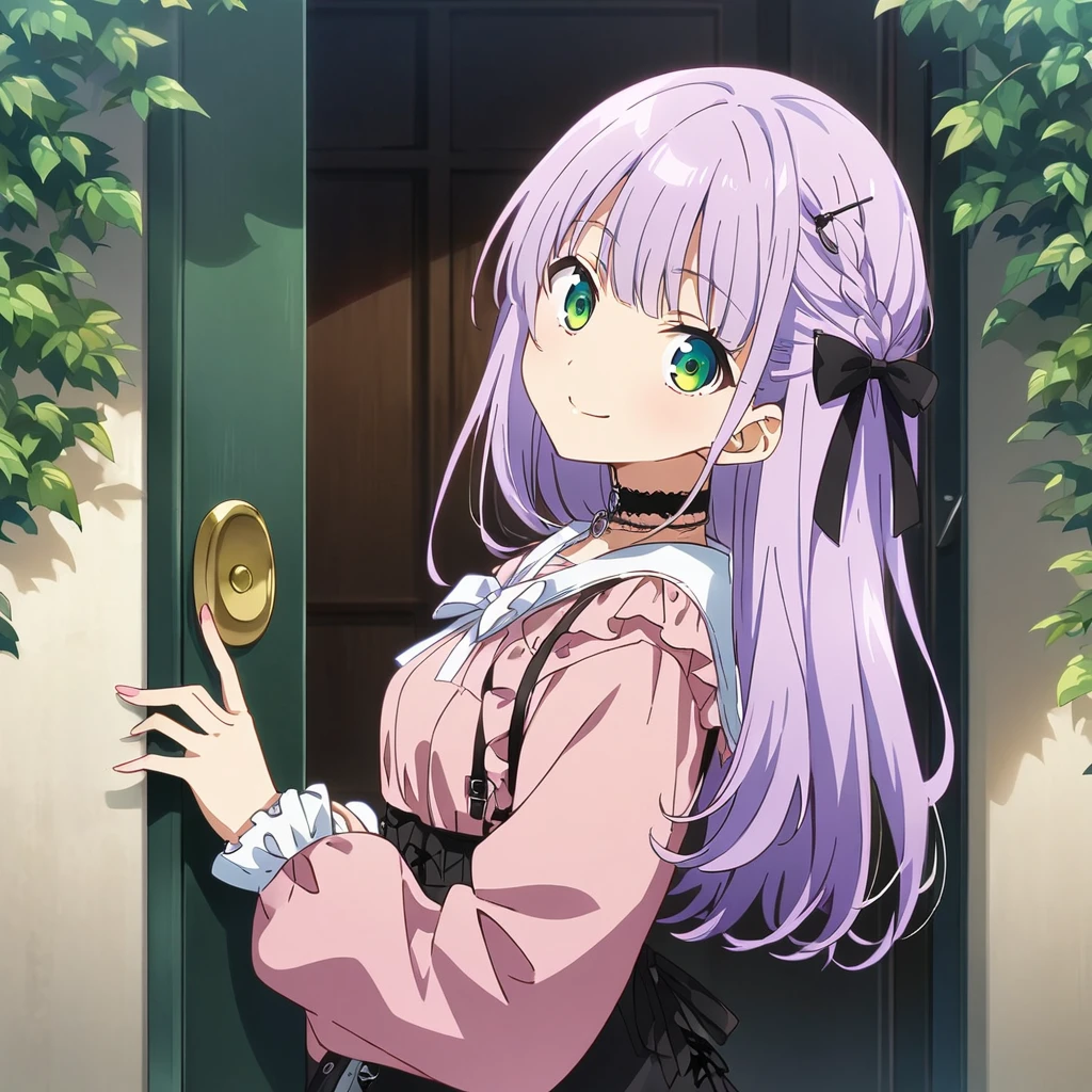 A girl, cute, kawaii, masterpiece, detailed description, detailed line drawing, (a girl with closs hair pin, A girl has her fingers on the door, sticking her head out and looking at viewer. Light purple hair, smiling face, green eyes. closs hair pin, pink shirt, cosplay, jirai kei, bangs, black skirt, black bow, looking at viewer, bow, long sleeves, choker, ribbon:1.4), anime visual, (tilt head:1.3),, black lace parasol, abundant greenery roadside tree, from the side, looking at the viewer, full body shot,