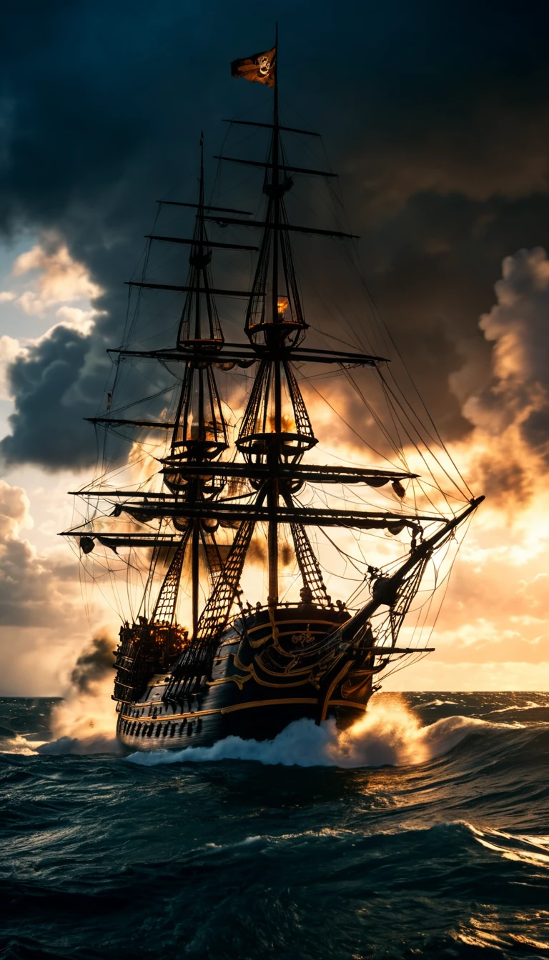 1 pirate ship, 1 enemy pirate ship, dramatic sea battle, violent cannon fire, thick smoke, sinking and burning ships, chaotic naval warfare, intense action, realistic water, dramatic lighting, cinematic composition, dramatic camera angle, high contrast, vibrant colors, dramatic shadows, gritty textures, detailed rendering, masterful artistry, cinematic mood, photo-realistic quality