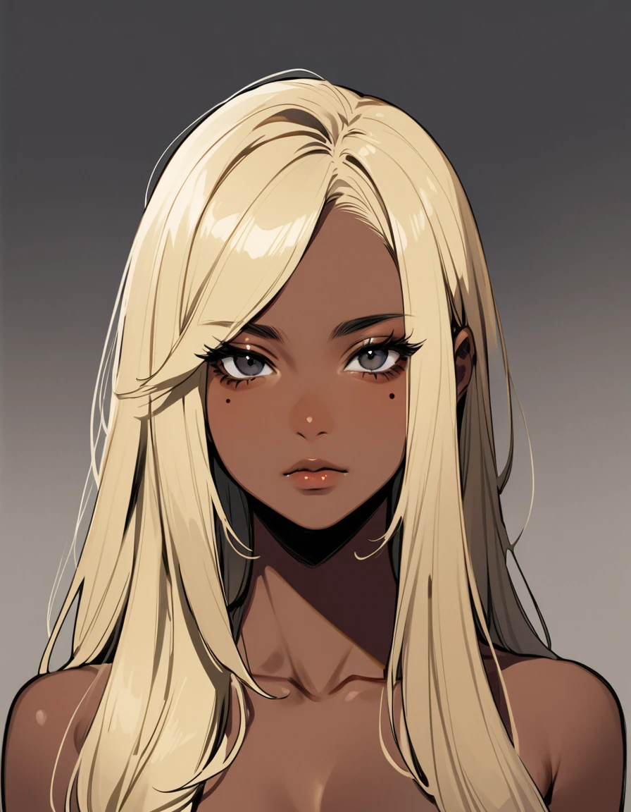 dark skin, from fromt, wide shot, female, age 18, solo, blonde long hair, black eyes, slant eyes, black eyeliner, false eyelashes, mole under eye, collarbone, blankspace