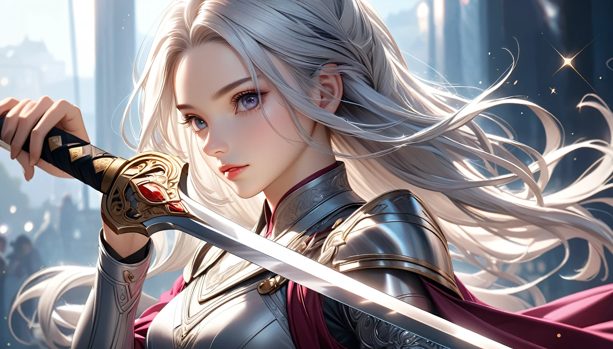 Long silver haired swordsman,A slim figure in light armor,He twists his body and leans on his sword.,A long, thin sword,Stylish girl, Beautiful attention to detail, Beautiful eye details, Highly detailed face, Long eyelashes, The sky is beautiful and the background is fantastic, Bright berry color, Natural light, photoRealistic, 8k, (Highest quality:1.2), Super detailed, (Realistic:1.37), elegant, chic, Modern, Very cute, Studio Lighting, Cinematic,Sparkle effect,The lines of the illustrations are very fine.