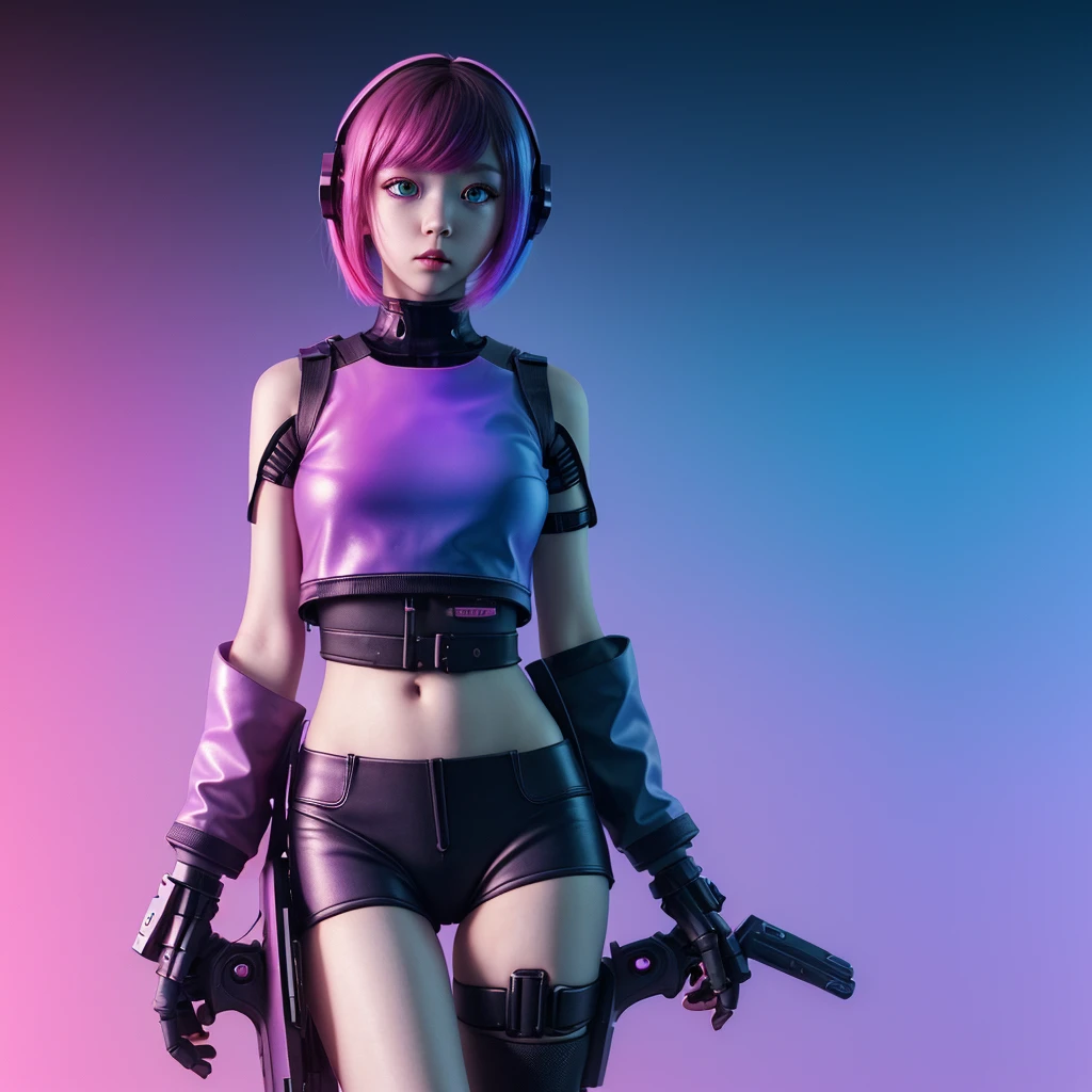 1 girl, cyberpunk, (whole body:1.1), thigh high, split, Perfect eyes, perfect face, kuvshinov, (gradient background:1.2),