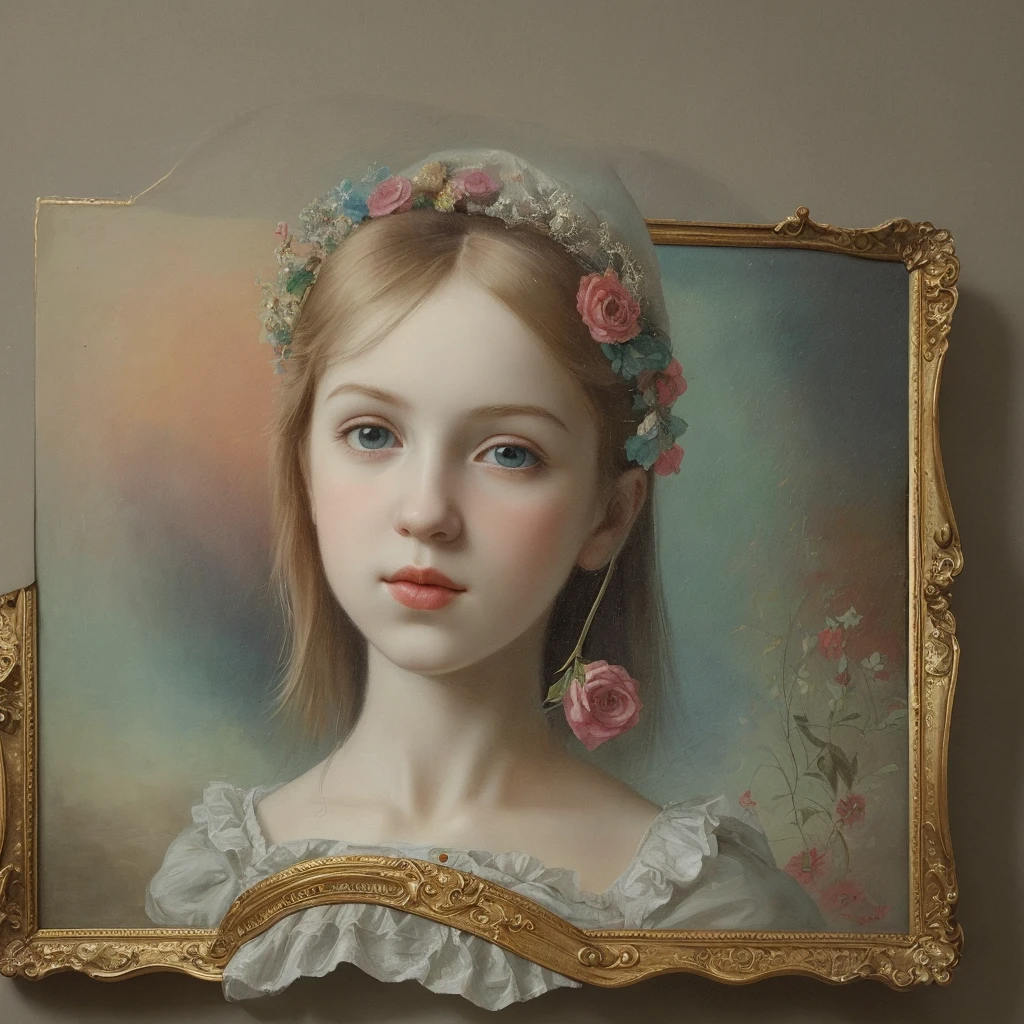 A beautiful silver picture frame with a painting of a girl in it is on the wall in the museum.