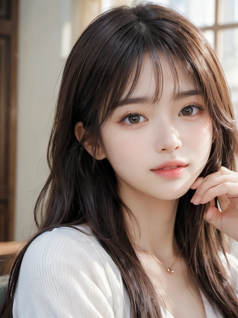 ((masterpiece: 1.3),8k, Realistic, RAW Photos, Highest quality: 1.4),whole body、 (One Girl), beautiful顔, (Realistic Face), (Brown long hair: 1.3), bangs, Perfect dynamic composition,(High quality with attention to detail, Realistic depiction of eyes:1.3)、(((Gingham Check One Piece、Cafe)))、 profile、21talent、beauty、Well-formed face、Make the eyes even、Banditium Build、Balanced ratio、beautiful足、Fresh face、beautiful景色、beautifulヘアスタイル, (bangs), (smile), smile, Realistic eyes, Gloss, highlight, highlight in the Eyes, eyelash, 目の中のbeautifulディテール, (Realistic Skin), Shooting from the air、beautiful肌, Transparency、(beautiful)、 smile, teeth, Confused, charm, 超High resolution, Ultra-realistic, High resolution, Golden Ratio, clear eyes, Wet, Looking into the camera, ear, Shine, Long neck, double eyelid, Thin eyebrows、Big eyes, cheek, kind character, charm personality, kind, 圧倒的なcharm, bright personality