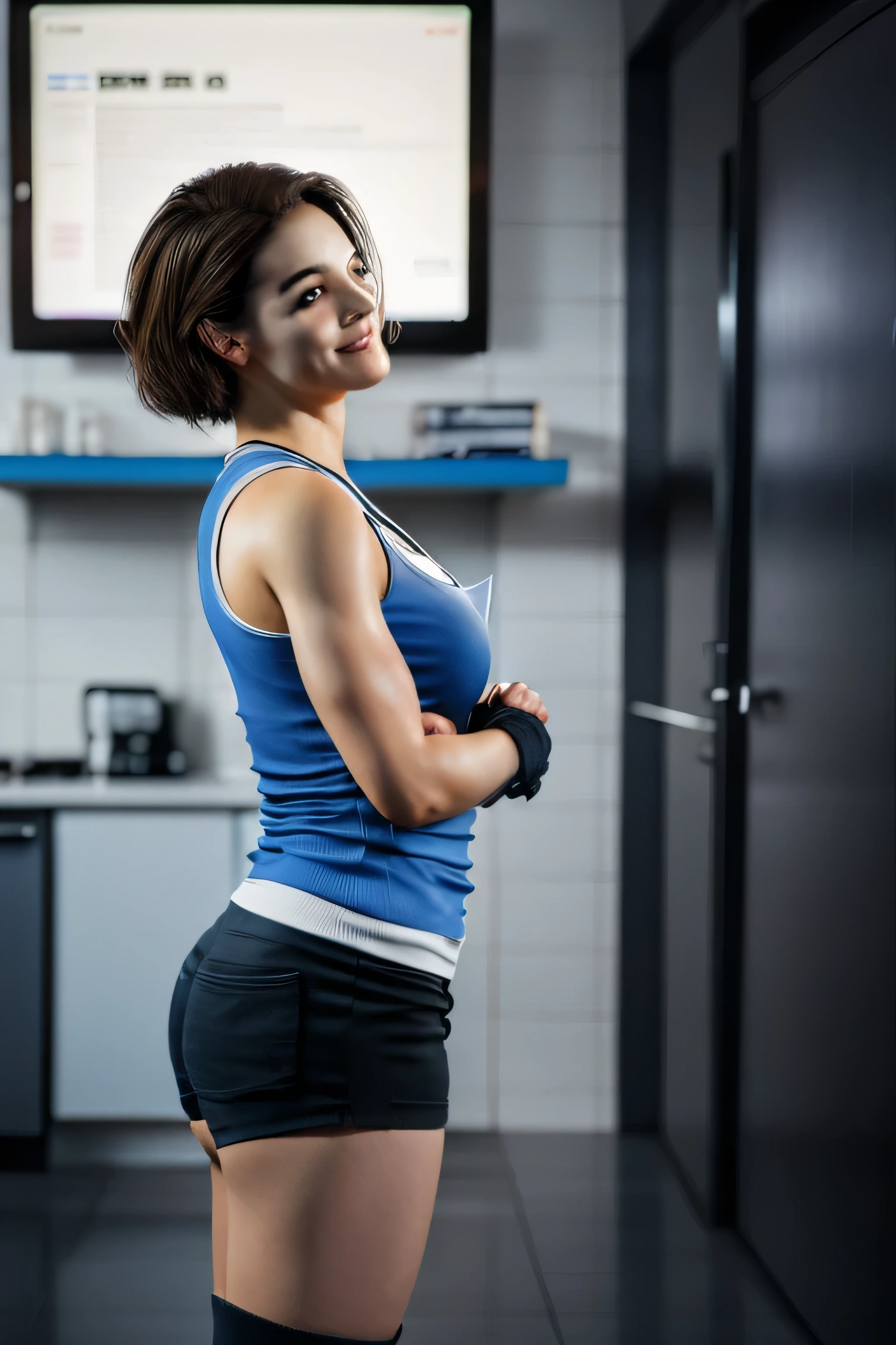 1 girl, standing, Jill Valentine,18 years old, Cups, Black thighs, arm warmers, , shorts, brown hair, big chest, big ass, medium breasts,capture anime screen, 18 years old, mature appearance,side view,viewed from side,leaning forwards,slightly leaned forwards,side view,smiling,blue outfit, black arm warmers, black arm bands