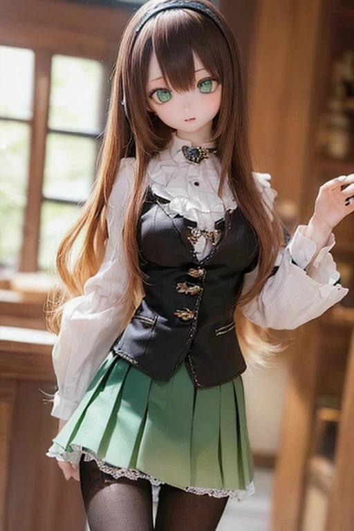 (SFW:2), photorealistic, realistic photo, 8k, ((highest quality)), ((masterpiece)), (extremely detailed), kukolnydom, doll, (mature woman, 21yo, 21 years old, solo:1.6), ((cowboy shot, standing, head tilt, slim, slender, skinny, medium breasts, hairband, ascot, dress shirt, long puff sleeves, pleated skirt, black pantyhose)), (green eyes, brown hair, long hair, plastic skin, looking at another, glass eyes, gradient eyes, shining eyes, detailed eyes:1.3)