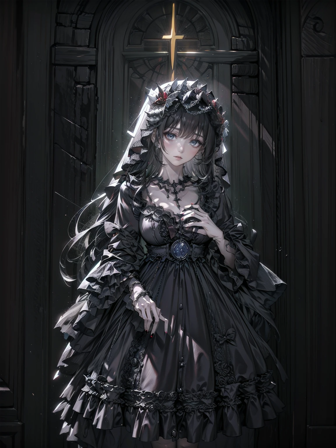 Create an image set with a photorealistic dark chapel, Illuminated only by moonlight, Featuring an anime-style girl character as the central character. She is portrayed as an evil guru., She is wearing a jet black dress with a striking black veil., Pale skin, And long black nails. Her eyes are bright red, Adding to her eerie presence. Pagan God々Surround her with symbols of, Integrating them into the dark chapel environment. The contrast between the realistic chapel and the stylized anime girl should be striking., Emphasizing the integration of various artistic mediums.