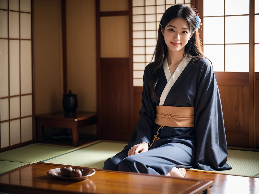Sitting-straight shot, Best quality, a 25y chubby latin women, wearing a Japanese Kimono in a kneeled proper sitting position with hands on her lap, Kimono hairstyle, moody atmosphere, beautiful shadow, room light exposure, sitting on tatami next to a Japanese low table, in a Japanese wooden house, smiling directly facing camera, kodacrhome, cinematic lighting, masterpiece composition, perfect direct of photography, realistic face and eyes, realistic skin, ultra highly detailed, centered object, sharp focus, beautiful film bokeh, surreal view, candid photo, shot by zenit camera with 35mm lens, cinematic photo by annie leibovitz
