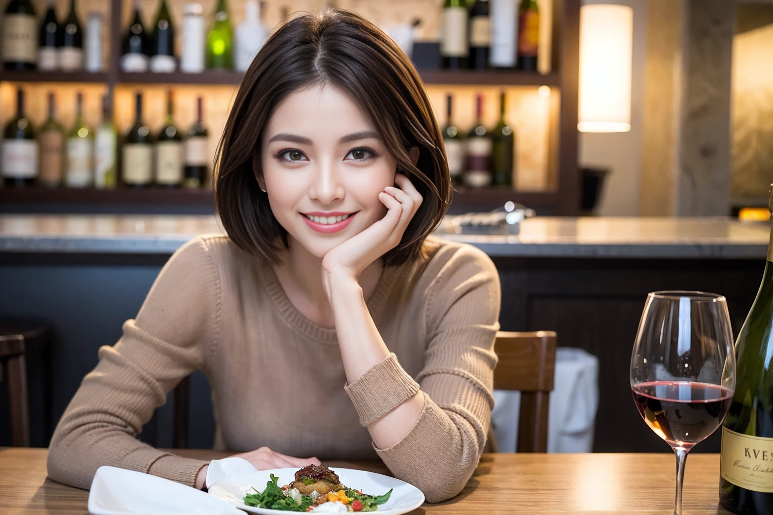 (Realistic:1.1),(masterpiece,Highest quality),8k,(56 years old), 53 years old, ベリーslimボディ、slimカップル、Tight waist,Upper Body,full-course dinner、wine 、Amazing view of the sunset sky and clouds、Perfect Anatomy, Brown Hair, short hair,Random Hairstyles,((Highly detailed face and eyes:1.2)),Perfect golden ratio face,Long sleeve shirt、dress,(smile:1.2)、Shortcuts、cute、(Realistic, Intricate details:1.2), A bright smile、short hair,Bright Face、赤wine 、Appetizers、Italian food、wine bottle、Champagne、スパークリングwine、(slimな顔), (The body is slim), (Brown Hair), (Shortcuts), Upper Body, 白wine, slim, wineグラス,