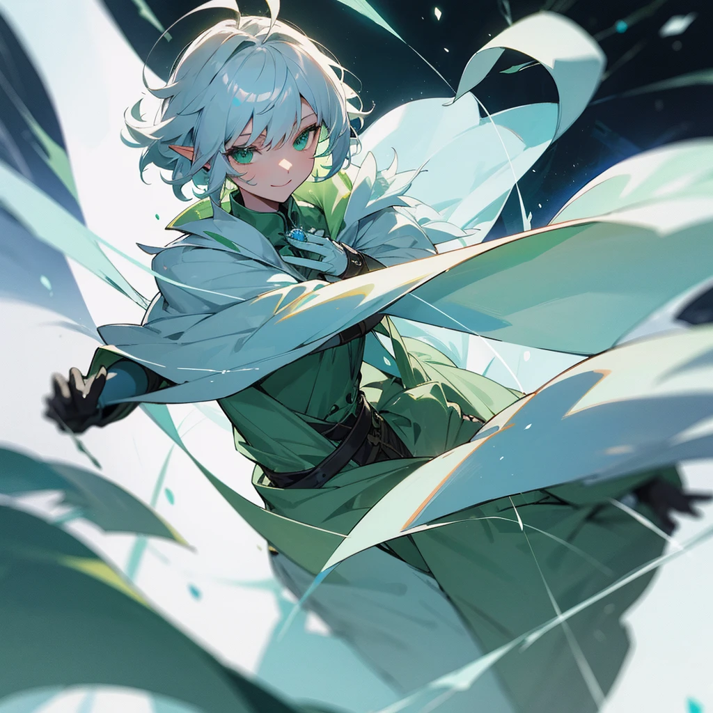 Elf, silver hair,short hair, medium cut, ahoge, curly hair,green eyes,slender, cool Smile, fair skin, robe,  green cloak, White gloves, blue effect, ice effect, triumphantly,Ice Rose ,magic,green rose,Noble son