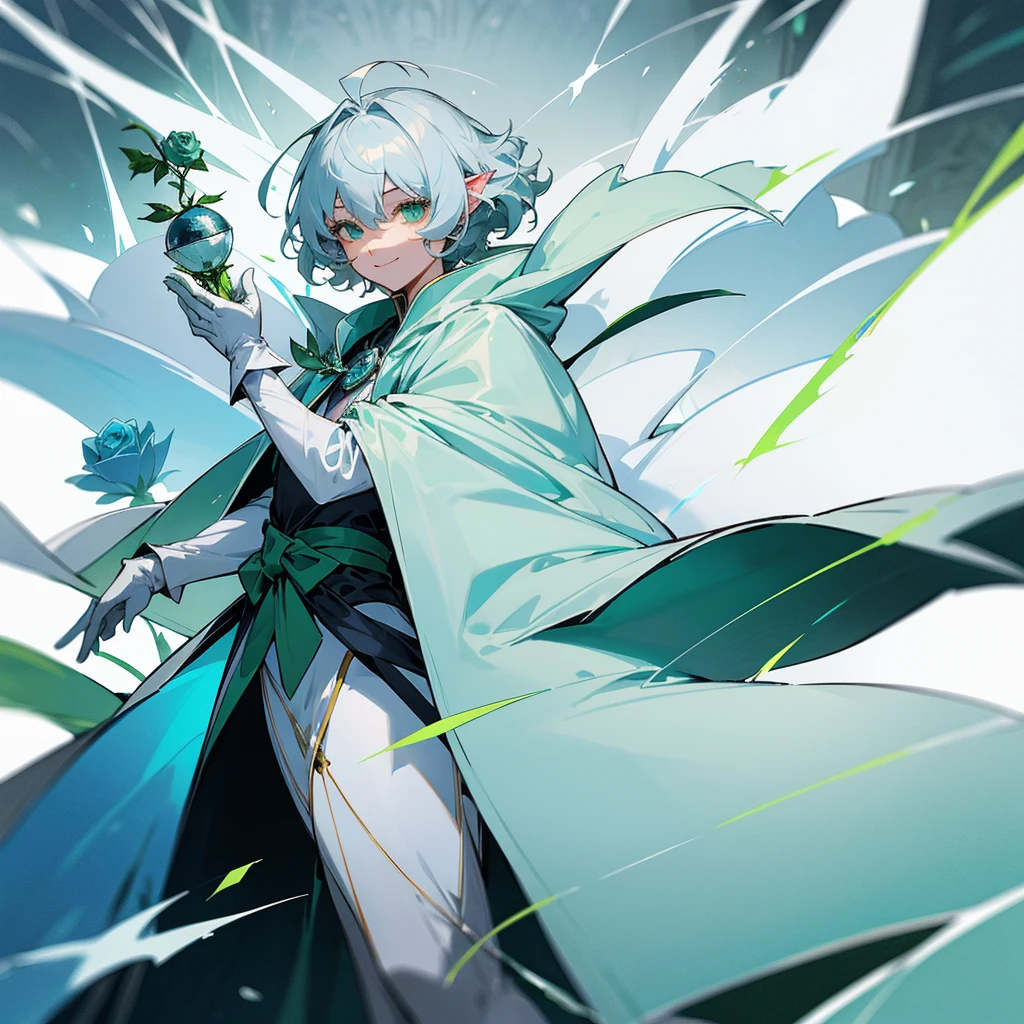 Elf, silver hair,short hair, medium cut, ahoge, curly hair,green eyes,slender, cool Smile, fair skin, robe,  green cloak, White gloves, blue effect, ice effect, triumphantly,Ice Rose ,magic,green rose,Noble son