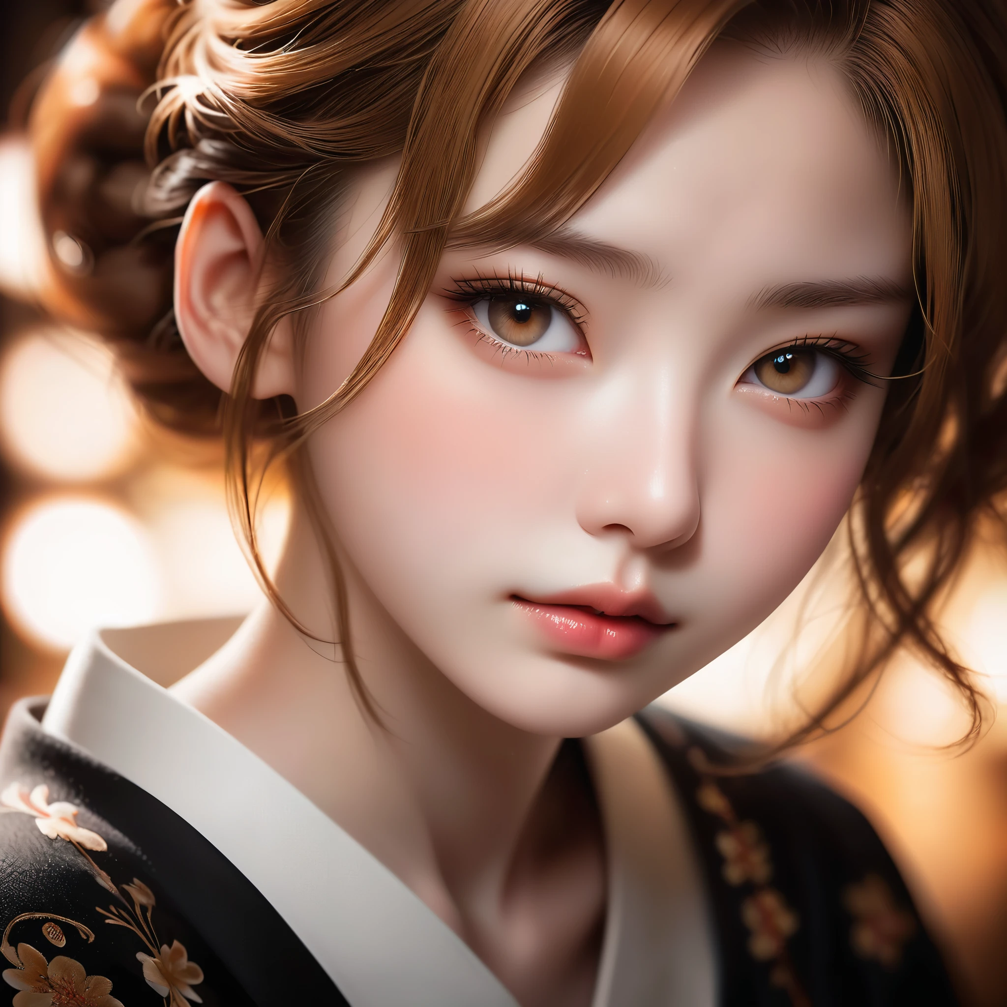 Meticulous, analog style, focus on the eyes, highest quality, (highly detailed skin), photo of very handsome pale skin Japane donghua girl, 21 years old, (caramel hair), perfect face, pore skin, (penetration:0.5), black background, (bokeh:0.6), sharp focus, grainy lighting, (backlight:0.7), film grain, photographed with Sony A7R IV camera, 18mm F/1.7 cine lens, (highly detailed, intricate detail), 8k, HDR, front view, (upper body: 0.9)