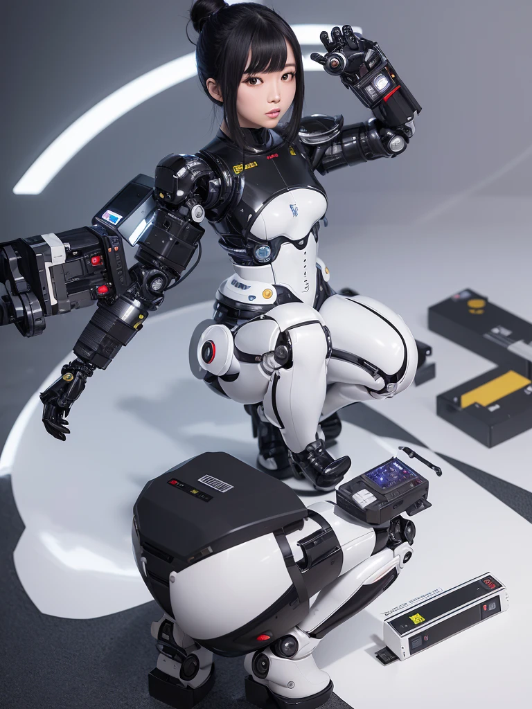 masterpiece, Highest quality, Very detailed,Japanese anDroid woman,Plump , announcer,Control panel,anDroid,Droid,Mechanical Hand,Robotic arms and legs, Black Robot Parts,Black Hair,Dark black knee-high socks,Black sponge joint,Blunt bangs,White robot body,Ceramic body,Jockey Boots,Perfect Cyborg Girl,Squat,