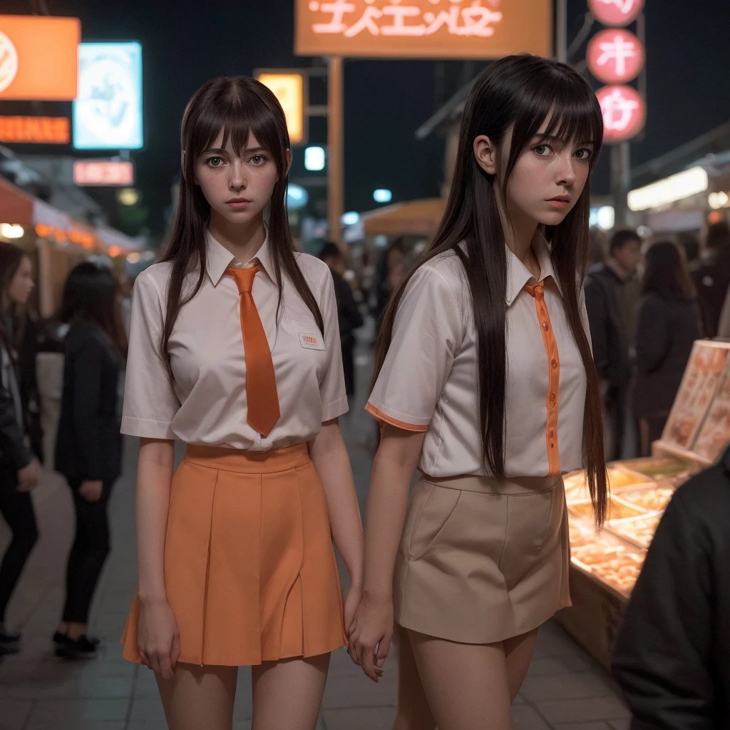 dim orange moonlight,dim orange neon lighting,night,Beautiful woman in school uniform on the busy streets of Gintama., surrounded by sellers, beautiful portrait of a stunning goddess girl, beautiful detailed face, porcelain skin, full body shot, centered, ultra soft lighting, symmetry, difficult, elegant, very detailed, photorealistic, ArtStation, conceptual art, smooth, presented by Greg Rutkowski and Borris Vallejo, lid, Fashionable style