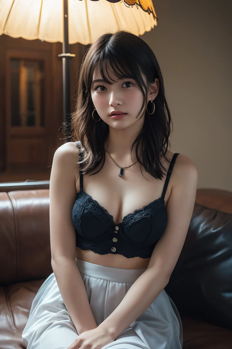 (Highest quality:1.4)，(masterpiece:1.4)，(Realistic:1.4)，(Realistic:1.2)，(超High resolution， RAW Photos:1.4)，(High resolution， Ultra-detailed:1.2)，(8k:1.2)，View your viewers，Cinematic photography，One girl，skeletally correct，Black-haired woman，Woman in her early 20s，(Small earrings，necklace，Tulle bustier，Crochet long skirt)，（Western-style building interior，Dimly lit room，The lamplight shines on my cheeks，Sit on the sofa）