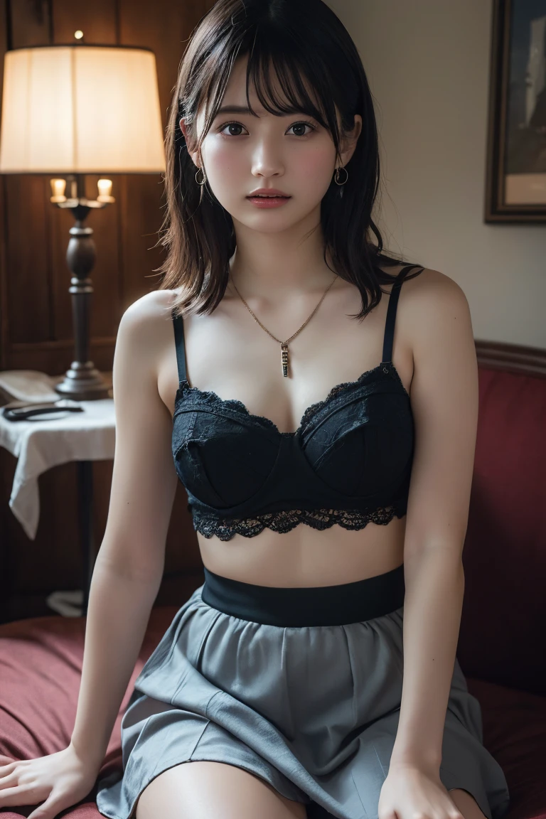 (Highest quality:1.4),(masterpiece:1.4),(Realistic:1.4),(Realistic:1.2),(超High resolution, RAW Photos:1.4),(High resolution, Ultra-detailed:1.2),(8k:1.2),View your viewers,Cinematic photography,One girl,skeletally correct,Black-haired woman,Woman in her early 20s,(Small earrings,necklace,Tulle bustier,Crochet long skirt),(Western-style building interior,Dimly lit room,The lamplight shines on my cheeks,Sit on the sofa)