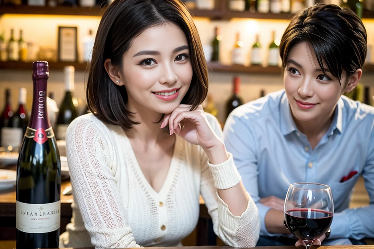 (Realistic:1.1),(masterpiece,Highest quality),8k,(56 years old), 53 years old, ベリーslimボディ、slimカップル、Tight waist,Upper Body,full-course dinner、wine 、Amazing view of the sunset sky and clouds、Perfect Anatomy, Brown Hair, short hair,Random Hairstyles,((Highly detailed face and eyes:1.2)),Perfect golden ratio face,Long sleeve shirt、dress,(smile:1.2)、Shortcuts、cute、(Realistic, Intricate details:1.2), A bright smile、short hair,Bright Face、赤wine 、Appetizers、Italian food、wine bottle、Champagne、スパークリングwine、(slimな顔), (The body is slim), (Brown Hair), (Shortcuts), Upper Body, 白wine, slim, wineグラス,