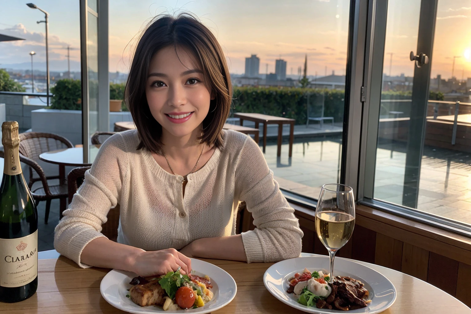 （Realistic:1.1）,(masterpiece,Highest quality)，8k,(56 years old), 53 years old, ベリーslimボディ、slimカップル、Tight waist,Upper Body,full-course dinner、wine 、Amazing view of the sunset sky and clouds、Perfect Anatomy, Brown Hair, short hair,Random Hairstyles,((Highly detailed face and eyes:1.2))，Perfect golden ratio face，Long sleeve shirt、dress,(smile:1.2)、Shortcuts、cute、(Realistic, Intricate details:1.2), A bright smile、short hair,Bright Face、赤wine 、Appetizers、Italian food、wine bottle、Champagne、スパークリングwine、(slimな顔), (The body is slim), (Brown Hair), (Shortcuts),  Upper Body, 白wine, slim, wineグラス, 