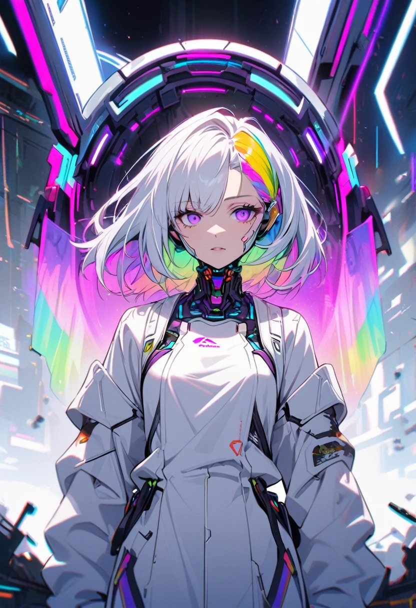 Handsome, Solitary, 1 female, Medium Length Hair, White hair, Rainbow hair, Purple Eyes, White clothes, Futuristic, Cyberpunk, Cybernetic, neon, front