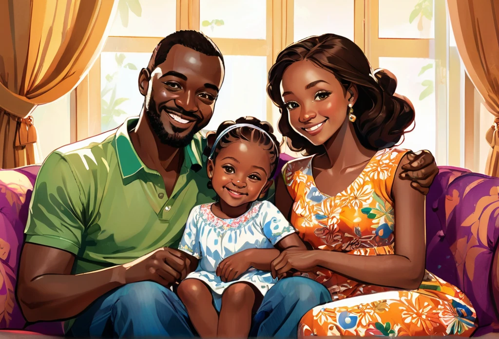A family of five, father, mother, a six years old boy sitting in the middle a thirteen years old girl, and a one year old baby girl on her mother's lap, sitting on a couch together, smiling, family, casual dress, Indoor.
African (masterpiece best quality:1.2) delicate illustration ultra-detailed, illustrations, bright, colourful,