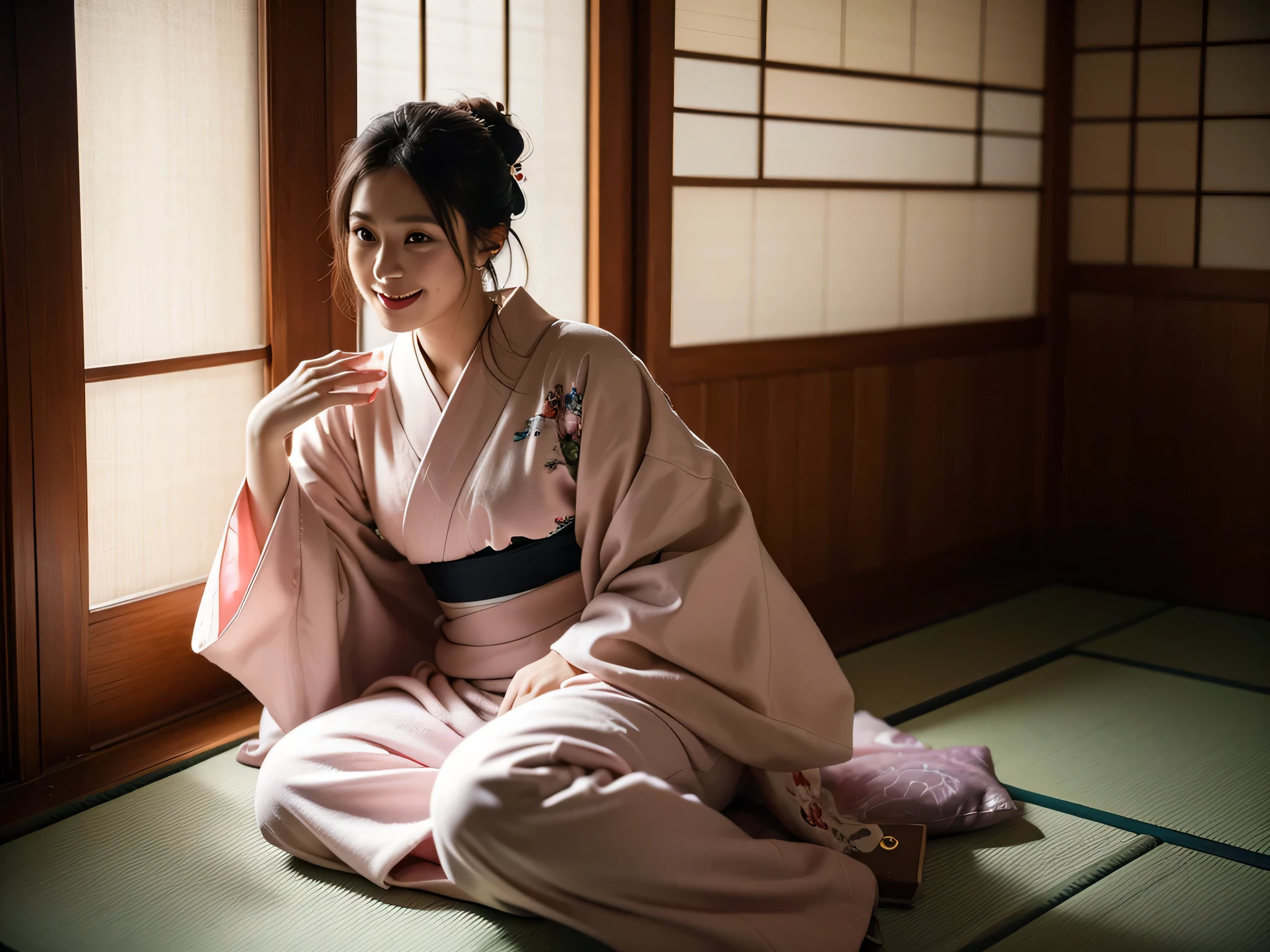 Sitting-straight shot, Best quality, a 25y chubby latin women, wearing a Japanese Kimono in a kneeled proper sitting position with hands on her lap, Kimono hairstyle, moody atmosphere, beautiful shadow, room light exposure, sitting on tatami next to a Japanese low table, in a Japanese wooden house, smiling directly facing camera, kodacrhome, cinematic lighting, masterpiece composition, perfect direct of photography, realistic face and eyes, realistic skin, ultra highly detailed, centered object, sharp focus, beautiful film bokeh, surreal view, candid photo, shot by zenit camera with 35mm lens, cinematic photo by annie leibovitz