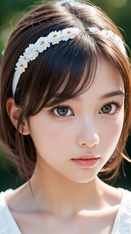 One Girl,(1人のとてもcute女の子:1.3),masterpiece,Highest quality,High resolution,beautiful girl,(18-year-old:1.3),cute,Big eyes,(Detailed pupil:1.2),(The face is facing straight ahead:1.3),Body facing forward,Beautiful Nose,Fuller lips,Short black hair,ponytail,short hair,Fine eyelashes,Thin eyebrows,Definition of very fine particles,(Symmetrical eyes:1.3),(Face close-up,Face Focus:1.0),frill bikini,Student Style,Portraiture,Show Viewer,Cinema Lighting,High resolution,Very detailed、Headband