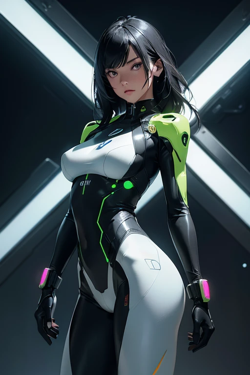 Nothing is said, Futuristic girl in high tech combat suit, Smooth, skin-tight bodysuit, Detailed facial features, Sharp Eye, Elegant pose, Advanced Machinery, Neon Light, Metallic accents, Cinema Lighting, Vibrant colors, Dramatic atmosphere, Ultra-detailed, 8k, I took off my clothes, Shoulder Bare, Butt, Muscle Exposure, Realistic、Exposed breasts、