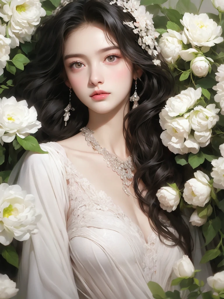 1 flat-chested girl,closeup of face,Black color hair,floated hair,Hazy beauty,Extremely beautiful facial features,Light gauze texture embroidered dress,Breezy soft gauze dress,Surrounded by flowers,Surrounded by flowers,White flowers,Pink flowers,A flower covers the right eye,Soft Light on Face,Perfect anatomy,(Flat and thin body,smallunderboob),(Slim and flat,flatchest),(Colorful flowers,(springtime, Rainy days, terraced, mountain ranges), Simple vector art, Contemporary Chinese art, the soft light,Overlooking