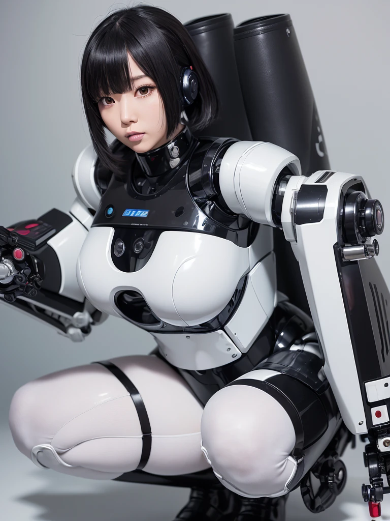 masterpiece, Highest quality, Very detailed,Japanese anDroid woman,Plump , announcer,Control panel,anDroid,Droid,Mechanical Hand,Robotic arms and legs, Black Robot Parts,Black Hair,Dark black knee-high socks,Black sponge joint,Blunt bangs,White robot body,Ceramic body,Jockey Boots,Perfect Cyborg Girl,Squat,