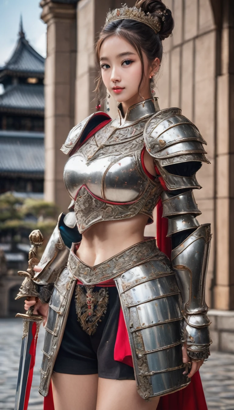Highest quality, Realistic, photoRealistic, Award-winning photography, (Intricate details, royal palace: 1.2), (Subtle details), (Intricate details), (Cinematic Light, Beautiful attention to detail,Hair Bun,Small Breasts Natural Color Lip, Sexy pose,smile,Harajuku、20-year-old girl、cute, knight, , Huge bouncing breasts, Sexy long legs, ダイナミックなSexy pose, knightの正装, Colorful and intricately crafted armor, knight, foot armor, Red Cape, Upper body close-up),Fighting figure、Has a sword