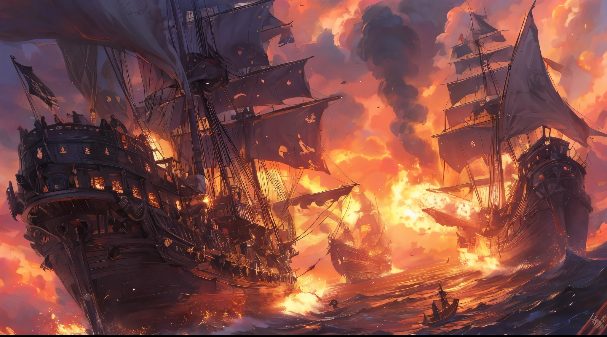 deck view, a pirate skirmish, two pirate ship side by side shooting cannons at each other, pirate crews infiltrating each other's deck, dramatic, anime illustration, photorealistic, fantasy, comic, manga