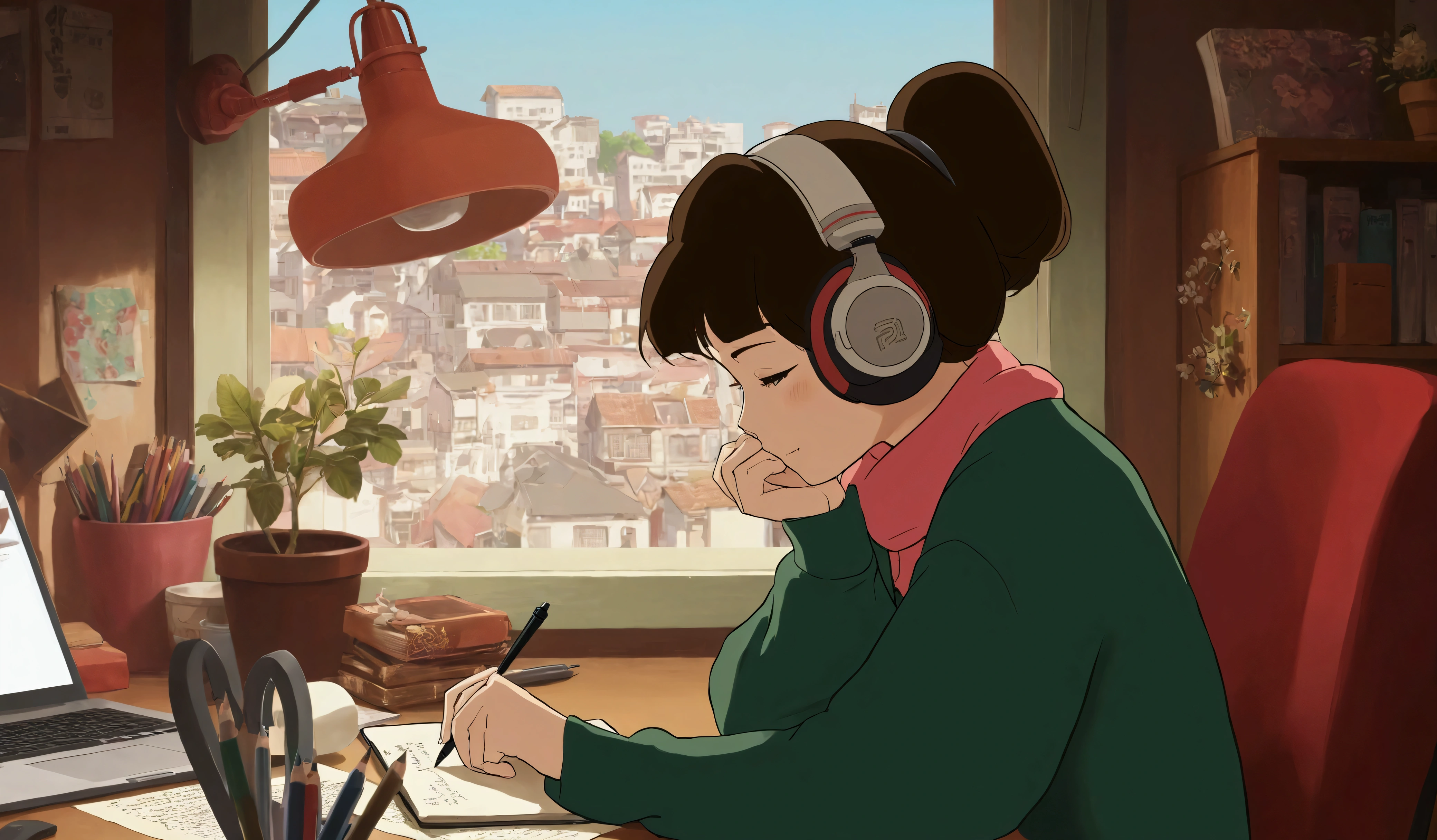 Anime girl sitting at a desk writing with headphones on, praise girl, praise artstyle, praise art, praise portrait, praise feel, praise girl aesthetic, praise colors, Atei Gailan Style, praise vibes, praise, praise hip hop, praise portrait at a window, praise vibe