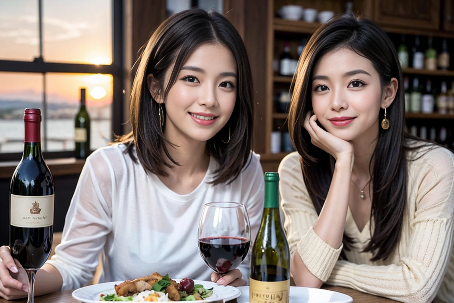 (Realistic:1.1),(masterpiece,Highest quality),8k,(56 years old), 53 years old, ベリーslimボディ、slimカップル、Tight waist,Upper Body,full-course dinner、wine 、Amazing view of the sunset sky and clouds、Perfect Anatomy, Brown Hair, short hair,Random Hairstyles,((Highly detailed face and eyes:1.2)),Perfect golden ratio face,Long sleeve shirt、dress,(smile:1.2)、Shortcuts、cute、(Realistic, Intricate details:1.2), A bright smile、short hair,Bright Face、赤wine 、Appetizers、Italian food、wine bottle、Champagne、スパークリングwine、(slimな顔), (The body is slim), (Brown Hair), (Shortcuts), Upper Body, 白wine, slim, wineグラス,