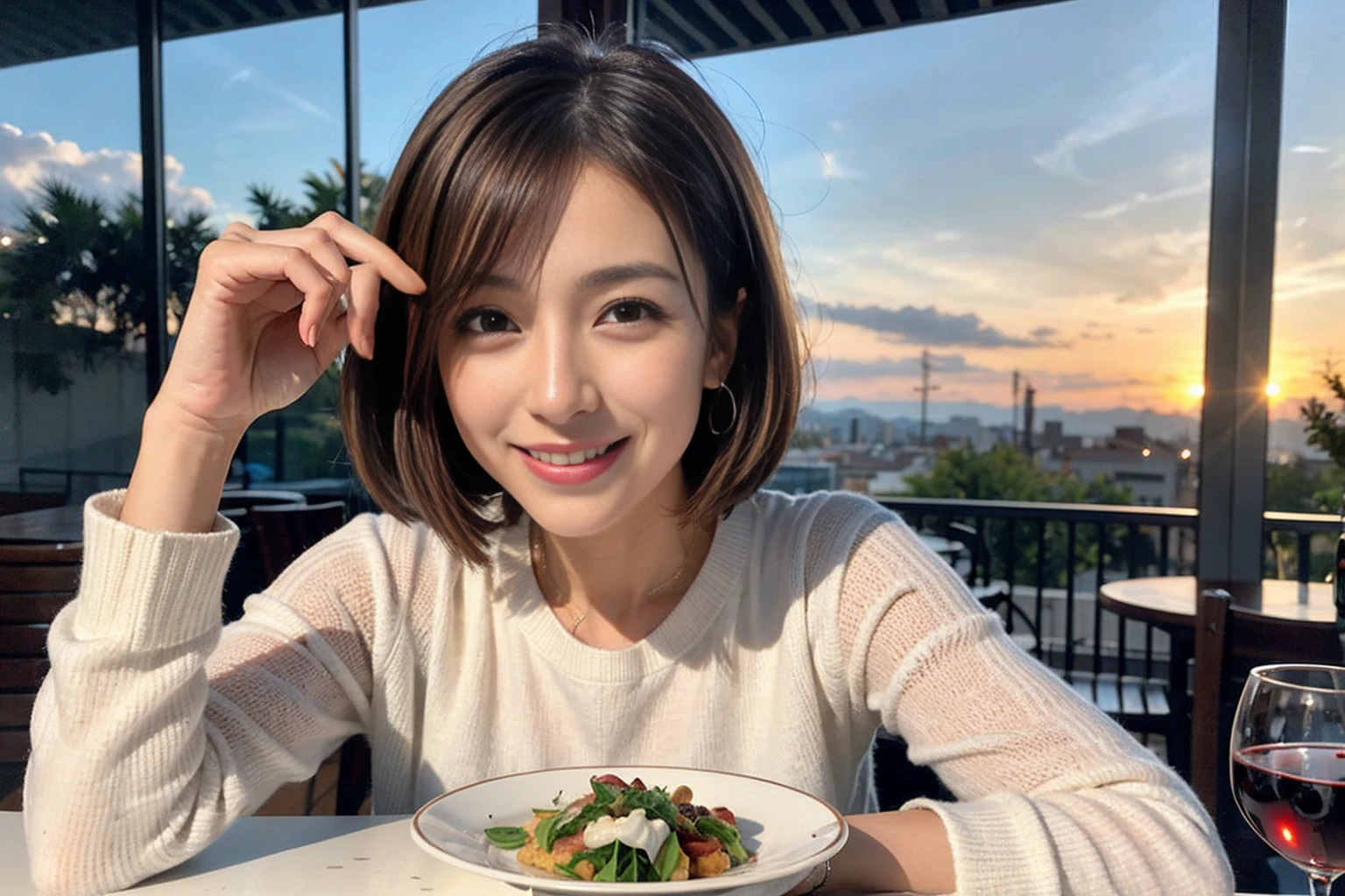 (Realistic:1.1),(masterpiece,Highest quality),8k,(56 years old), 53 years old, ベリーslimボディ、slimカップル、Tight waist,Upper Body,full-course dinner、wine 、Amazing view of the sunset sky and clouds、Perfect Anatomy, Brown Hair, short hair,Random Hairstyles,((Highly detailed face and eyes:1.2)),Perfect golden ratio face,Long sleeve shirt、dress,(smile:1.2)、Shortcuts、cute、(Realistic, Intricate details:1.2), A bright smile、short hair,Bright Face、赤wine 、Appetizers、Italian food、wine bottle、Champagne、スパークリングwine、(slimな顔), (The body is slim), (Brown Hair), (Shortcuts), Upper Body, 白wine, slim, wineグラス,