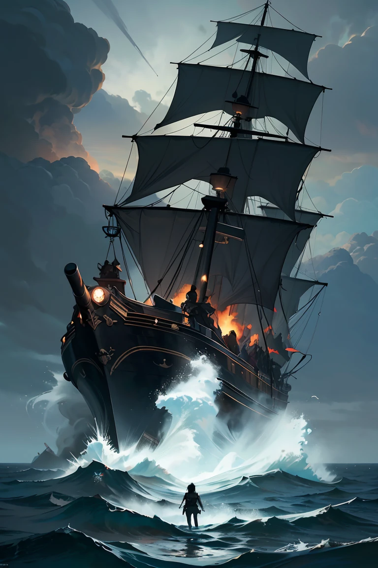 Pirate War, ((Masterpiece, top quality, high resolution, highly detailed CG unified 8K wallpaper)), (huge stunning goddess shot, very hot and sexy, jaw-dropping beauty, perfect proportions, beautiful body, slim body beauty:1.3), (dramatic seascape of two pirate ships firing cannons at each other at close range:1.5), a spectacular and dynamic poster with columns of fire and water, rain and thunder; a pirate flag with a skull symbol waving in a gust of wind; cannonballs flying and causing explosions, throwing debris into the air; ominous dark clouds in the sky threatening rain and chaos; an adventure movie poster; a pirate ship with a skull symbol in a pirate ship's hull. ominous dark clouds looming in the sky, threatening rain and chaos on the open sea, adventure movie poster,