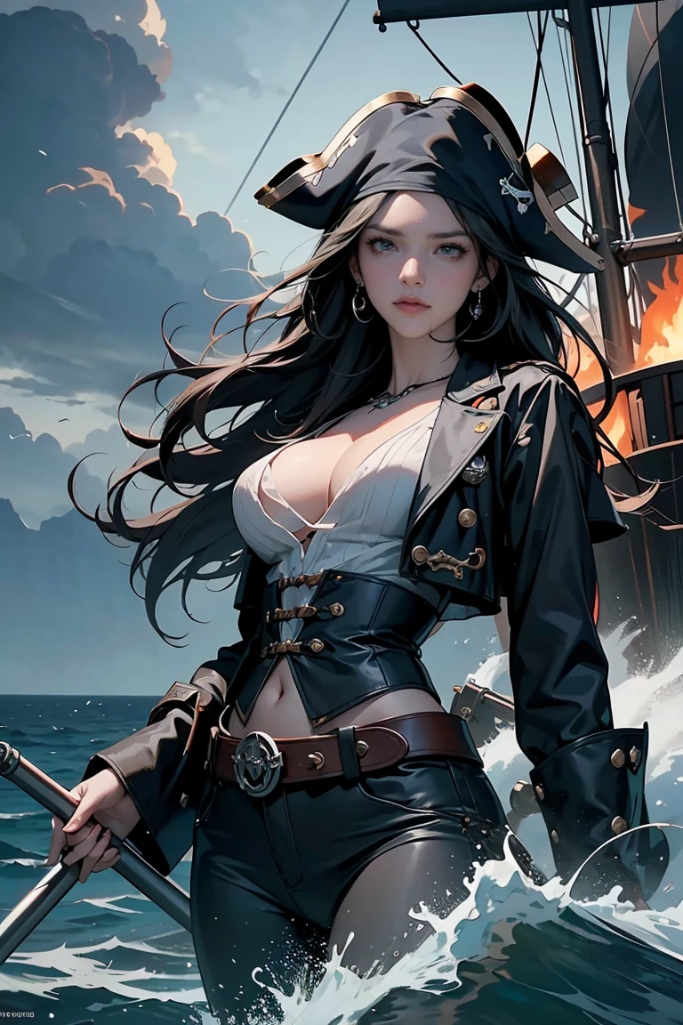 Pirate War, ((Masterpiece, top quality, high resolution, highly detailed CG unified 8K wallpaper)), (huge stunning goddess shot, very hot and sexy, jaw-dropping beauty, perfect proportions, beautiful body, slim body beauty:1.3), (dramatic seascape of two pirate ships firing cannons at each other at close range:1.5), a spectacular and dynamic poster with columns of fire and water, rain and thunder; a pirate flag with a skull symbol waving in a gust of wind; cannonballs flying and causing explosions, throwing debris into the air; ominous dark clouds in the sky threatening rain and chaos; an adventure movie poster; a pirate ship with a skull symbol in a pirate ship's hull. ominous dark clouds looming in the sky, threatening rain and chaos on the open sea, adventure movie poster,