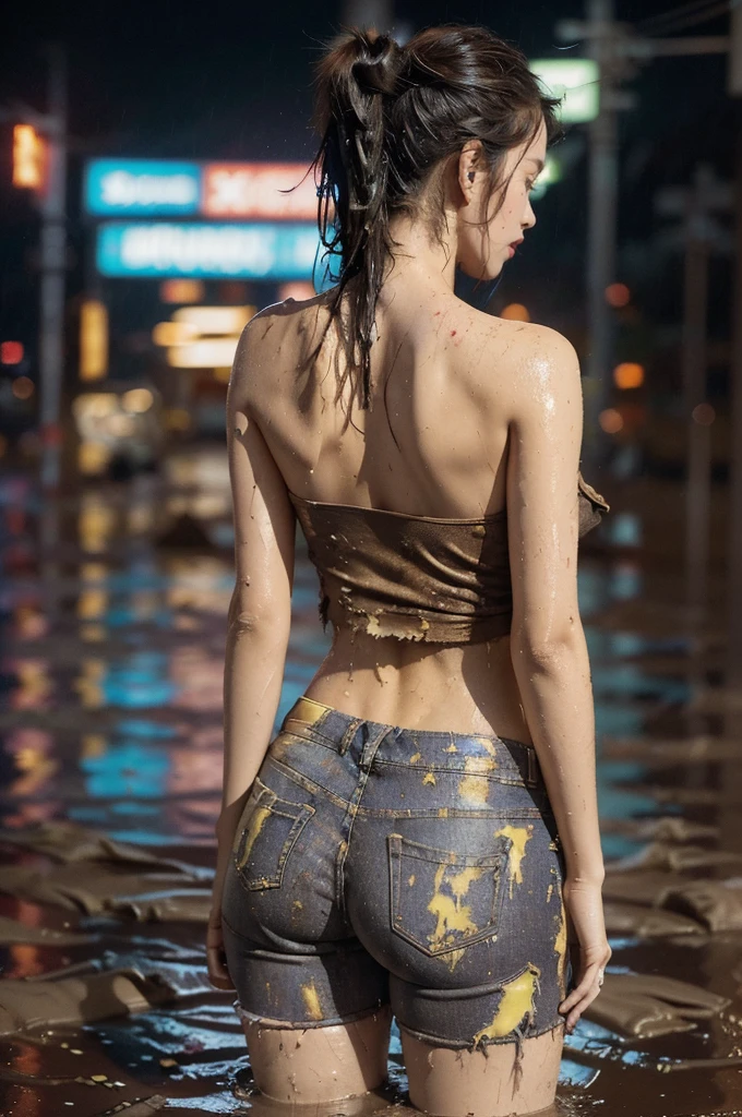(((best quality))),(((ultra detailed))),(((masterpiece))),illustration,((1 beautiful girl,solo)),(short ponytail:1.2),(((sweat,wet))),((slim,thin)),((strapless,bare back,towering hips,butt crack)),(torn brown tank top:1.3),(torn brown sports pants:1.3),(standing:1.3),(cyberpunk city:1.3),(body soaked In the mud pit:1.3),(summer:1.2),(downpour:1.2), (mud-covered:1.2), street corner, resilience, fierce determination,vibrant colors,(mud splattered:1.3),city chaos,(muck:1.3),(neon lights:1.2),(muddy flooded street:1.3), towering buildings,(pounding rain:1.3), distressed structures,,(night scene:1.3),((from back,upper body))