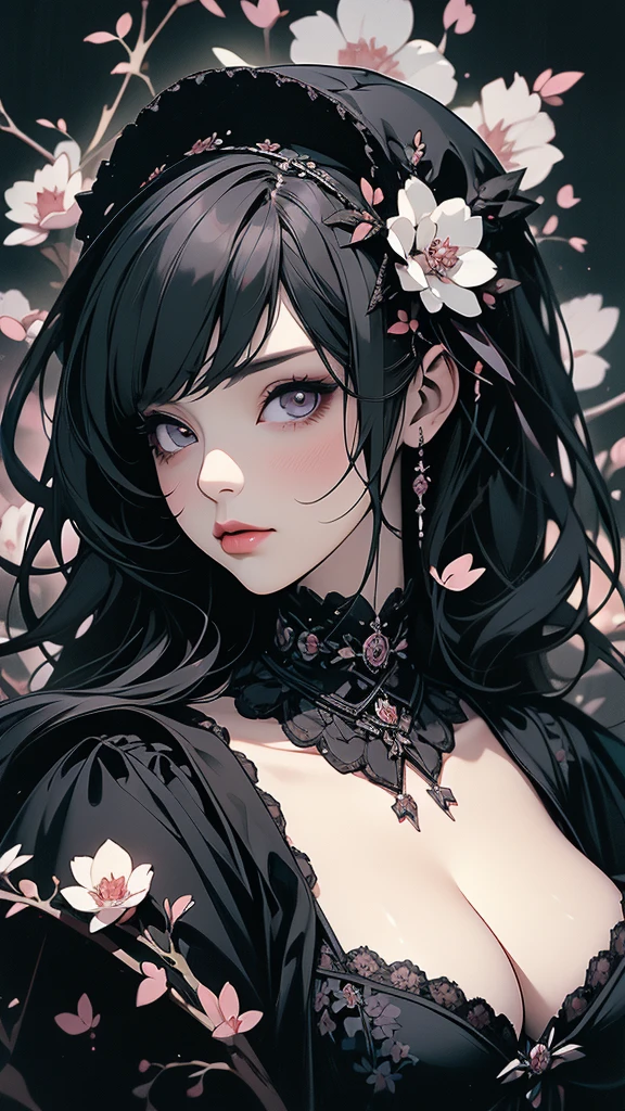 (masterpiece, High resolution, Highest quality), like々A beautiful woman, Exposed cleavage, Gothic Lolita Fashion, Petal Collage, Anime Style, Digital Painting,