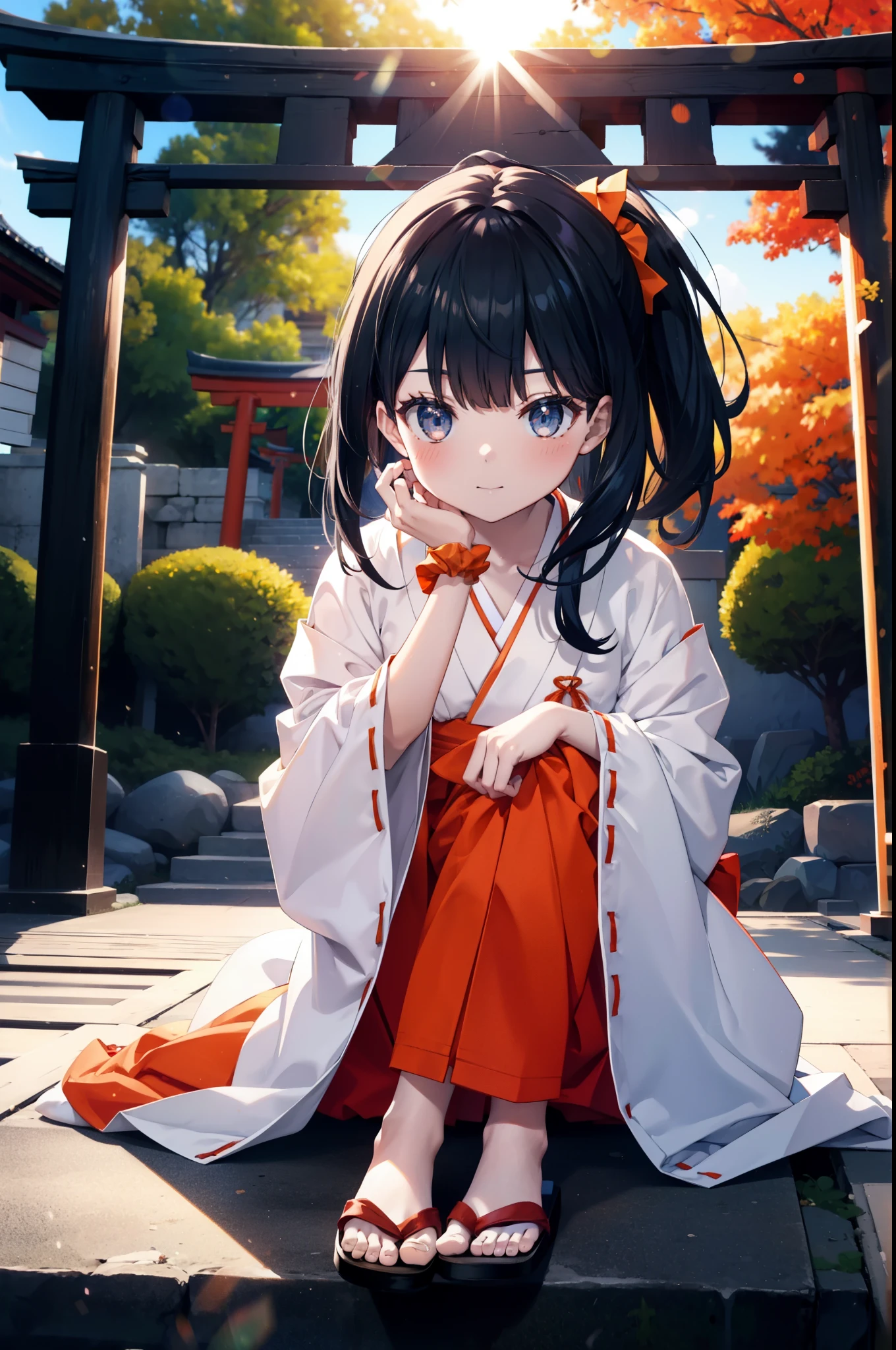 Rikka body, Black Hair, blue eyes, Long Hair, orange Scrunchie, Scrunchie, wrist Scrunchie,smile,blush,White Kimono, kimono,Red Hakama,White tabi,Sandals Wide Sleeve, Long sleeve, Ribbon-trimmed sleeves, Blunt bangs, Low ponytail, Are standing,whole bodyがイラストに入るように,sunset,evening,The sun is setting,
break outdoors, shrine,torii,
break looking at viewer, whole body,
break (masterpiece:1.2), Highest quality, High resolution, unity 8k wallpaper, (figure:0.8), (Beautiful attention to detail:1.6), Highly detailed face, Perfect lighting, Highly detailed CG, (Perfect hands, Perfect Anatomy),