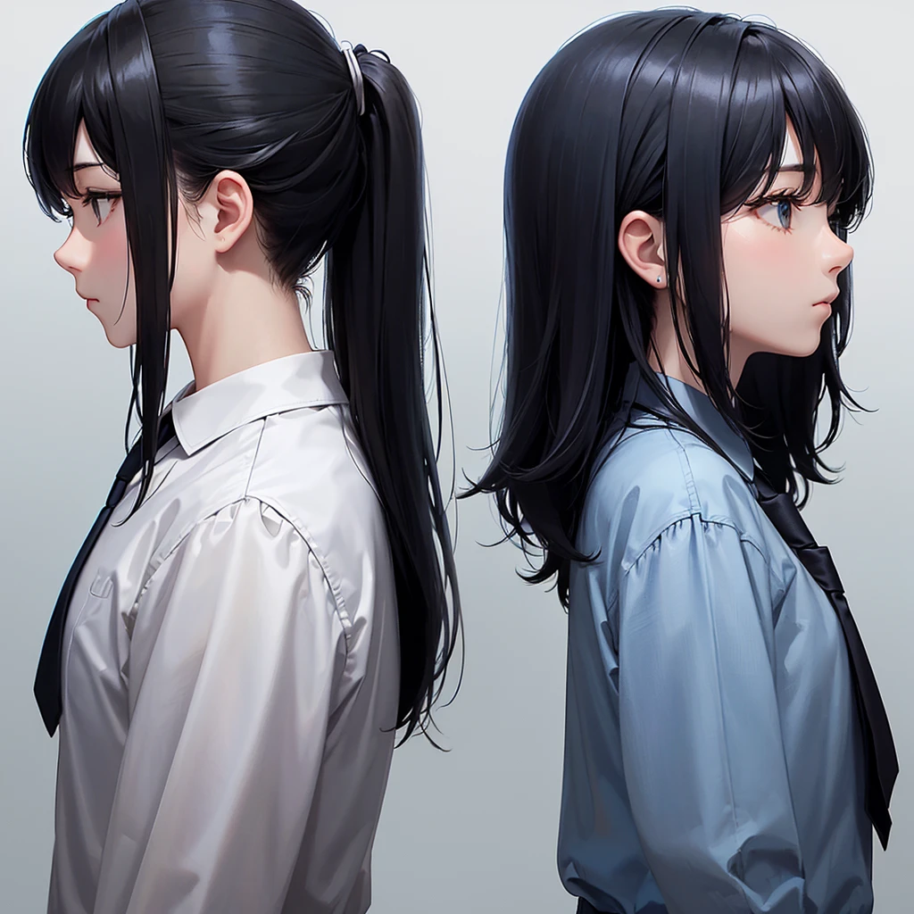 Profile facing right、Looking straight to the side with left hand under chin、Her hair is swept back with an up-bang.、Two Block、Black Hair、Perm、Light blue shirt、No tie、Kind of like a counselor、Soft atmosphere、Simple illustration、The background is gray、No shadow depiction、Close-up、icon、1boy