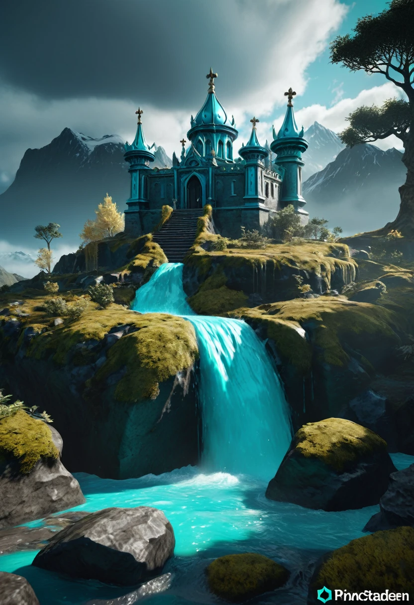 The English crown, Sick Obsession, Victory Over the Fallen Foe, Black and Turquoise, beautiful fantasy landscape, beautiful painting, unreal engine, trending on artstation and Pinterest, octane render, 8k, Trend