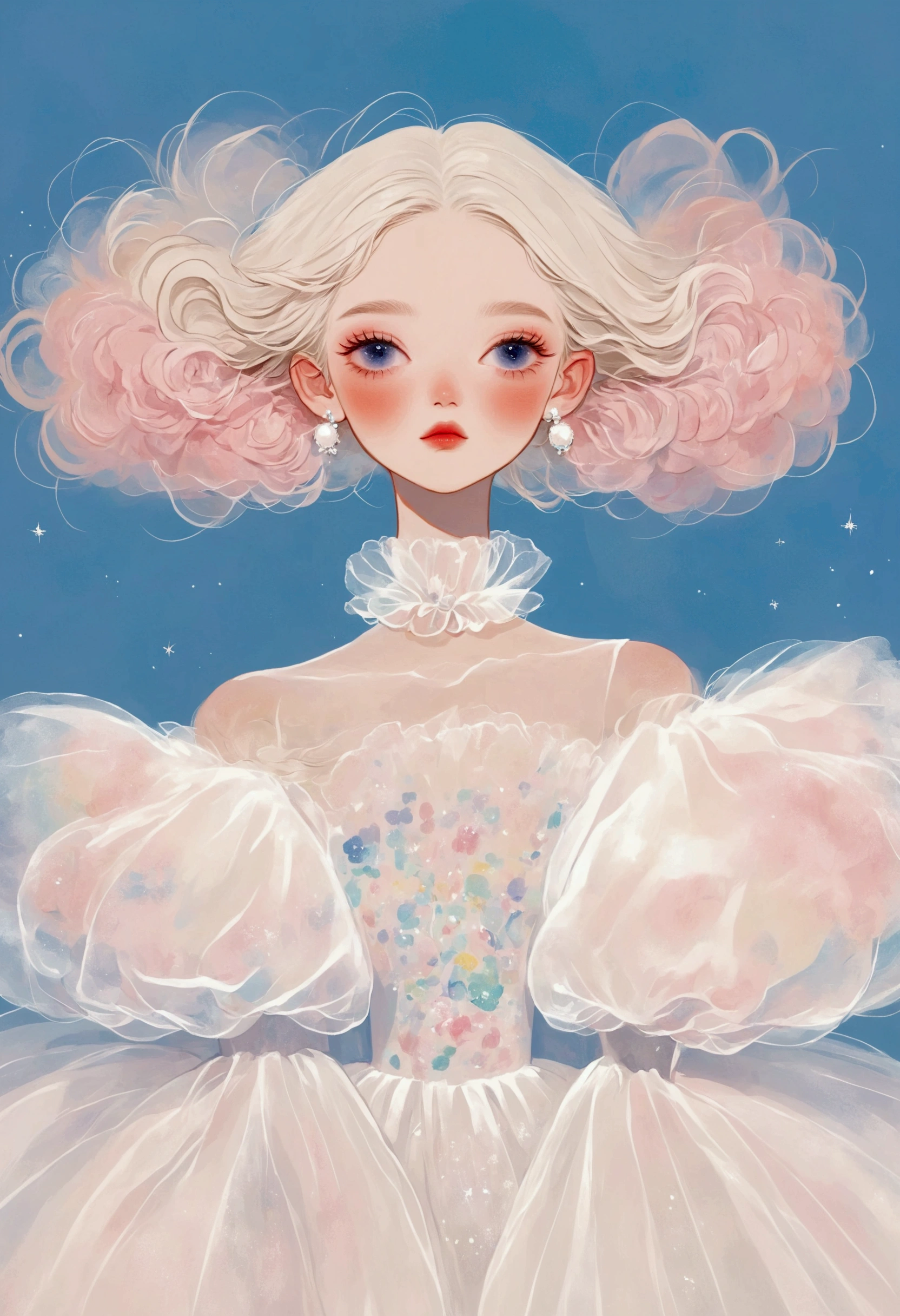 Pastel Art：1 beautiful and elegant girl，White short hair，Delicate hair，Puffy Tulle Dress，Exaggerated sleeves，Fluffy，Fluffy紫色薄纱，black background