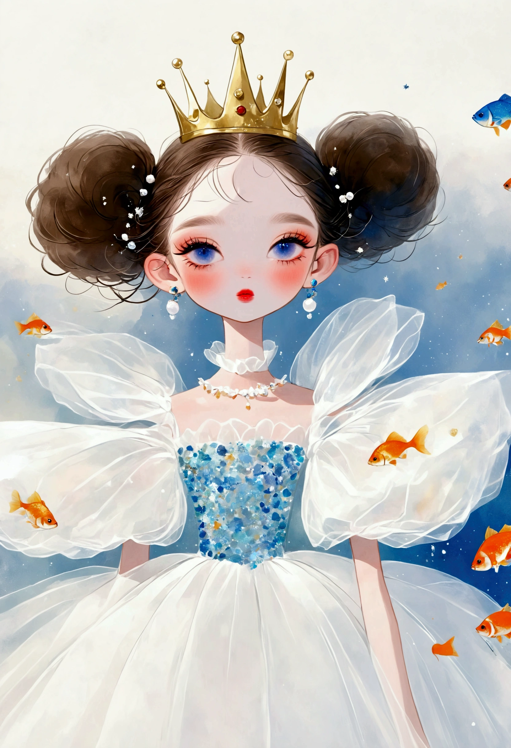 Pastel Art：1 beautiful and elegant girl，Elf ears，Golden crown，(((Puffy Tulle Dress，Exaggerated sleeves，Fluffy，FluffyWhite薄纱)))，Colorful fish，White+blue+orange color