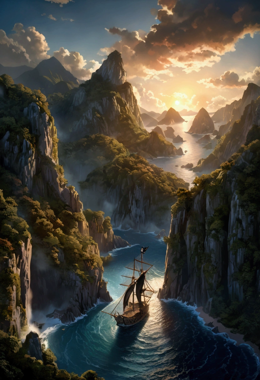 (Pirate War), Ascend to the serene peaks of Pirate island in Twilight Mountain Sanctuaries, where the twilight blends with the mountainous, creating ahaven of (Pirate Flag), captivating chiaroscuro, dynamic movement, full body, (special effects:0.1), award-winning, cinematic still, emotional, vignette, dynamic, vivid, (masterpiece, best quality, photorealistic, Professional, perfect composition, very aesthetic, absurdres, ultra-detailed, intricate details:1.3)