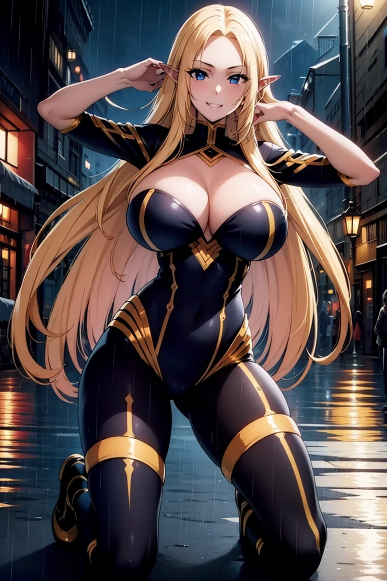 AlphaNDV, 1girl, blonde hair, blue eyes, large breasts, very long hair, elf, pointy ears, black bodysuit
BREAK 
full body view, full body shot, kneeling, Raise your arms behind your head, open the legs, open crotch
BREAK 
smile, arrogance
BREAK
Masterpiece, best quality, high resolution, 8K, official art, super resolution, extremely detailed and beautiful, extremely detailed, amazing and detailed, highly detailed beautiful girl, highly detailed face, highly detailed eyes, highly detailed skin, highly detailed fingers, highly detailed nose, very detailed mouth, perfect anatomy, huge breasts, big breasts
BREAK
night, outdoor, neon street, elm street, rain, midnight, late at night, darkness, extremely detailed CG unity 16k, very fine 16KCG wallpapers