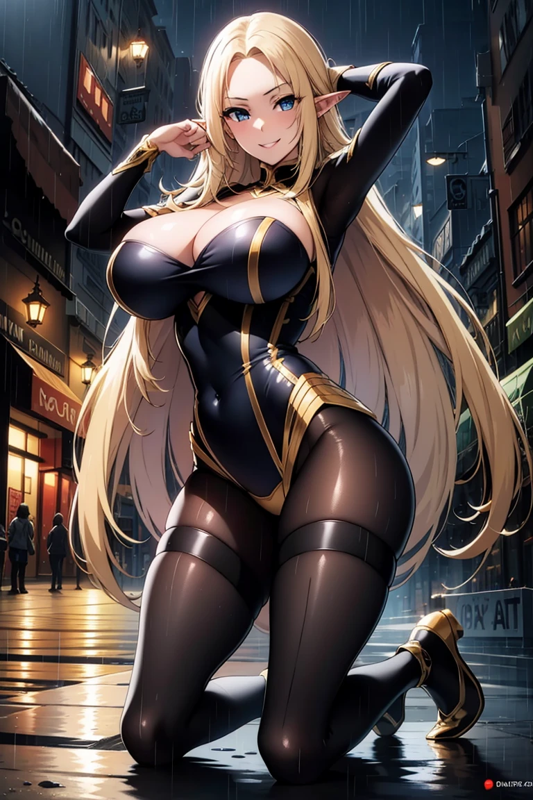 AlphaNDV, 1girl, blonde hair, blue eyes, large breasts, very long hair, elf, pointy ears, black bodysuit
BREAK
full body view, full body shot, kneeling, Raise your arms behind your head, open the legs, open crotch
BREAK
smile, arrogance
BREAK
Masterpiece, best quality, high resolution, 8K, official art, super resolution, extremely detailed and beautiful, extremely detailed, amazing and detailed, highly detailed beautiful girl, highly detailed face, highly detailed eyes, highly detailed skin, highly detailed fingers, highly detailed nose, very detailed mouth, perfect anatomy, huge breasts, big breasts
BREAK
night, outdoor, neon street, elm street, rain, midnight, late at night, darkness, extremely detailed CG unity 16k, very fine 16KCG wallpapers